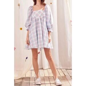 Storia Checker Baby Doll Dress 3/4 Puff Sleeve Pastel Blue Plaid Womens Size S